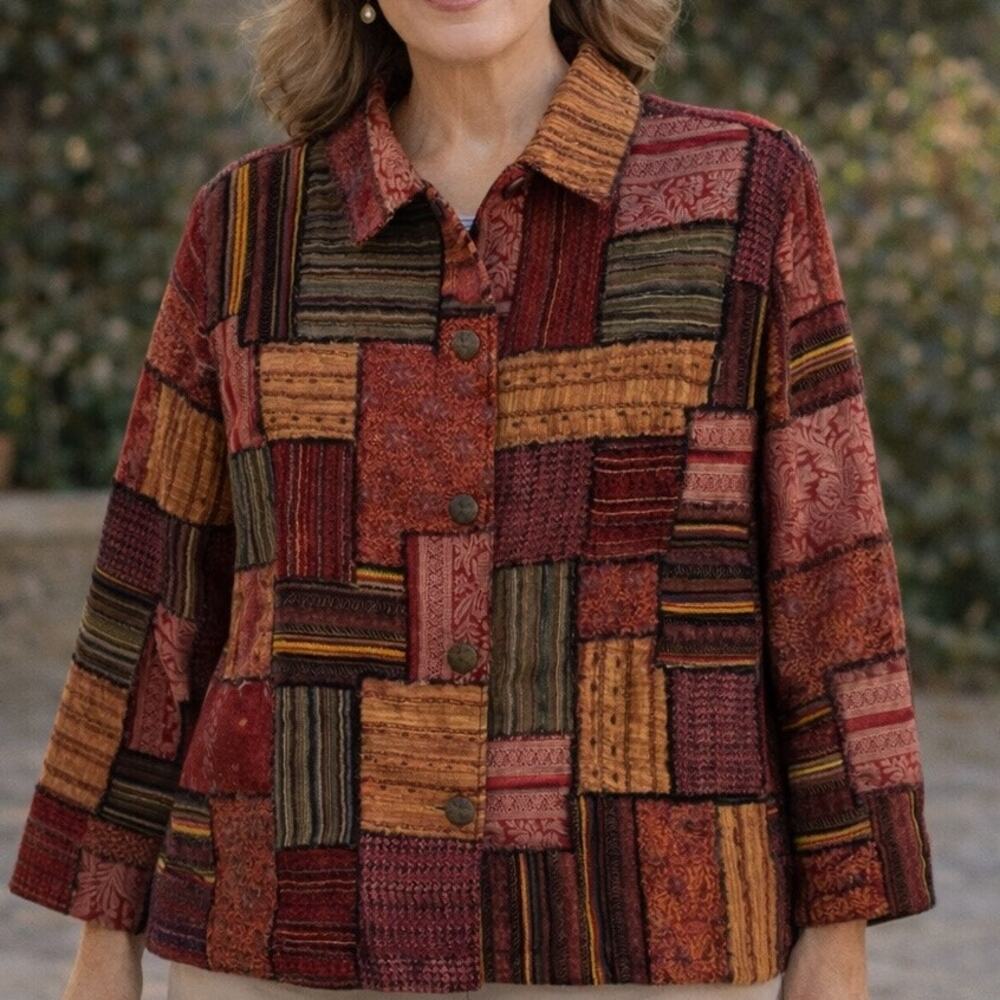 Coldwater Creek XXL Patchwork Jacquard Blazer Jacket Red Boxy Button Up